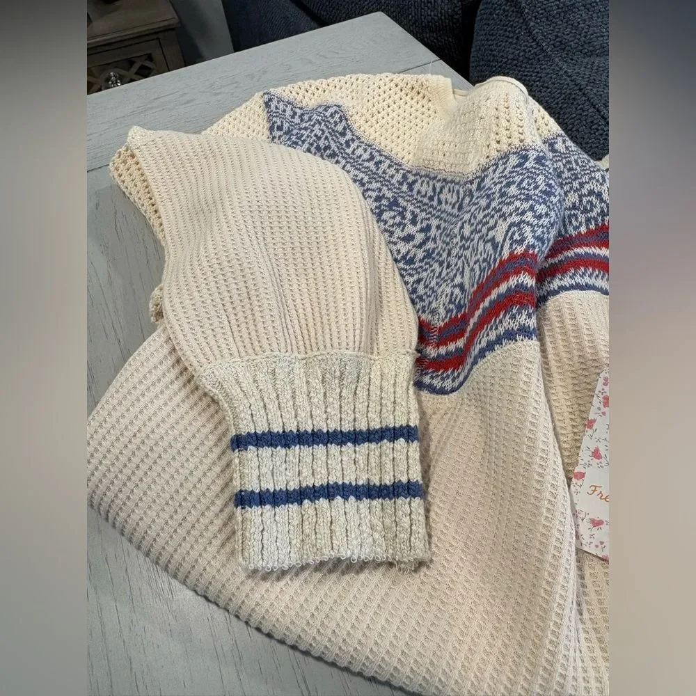 Free People Cream and Blue Knit Sweater